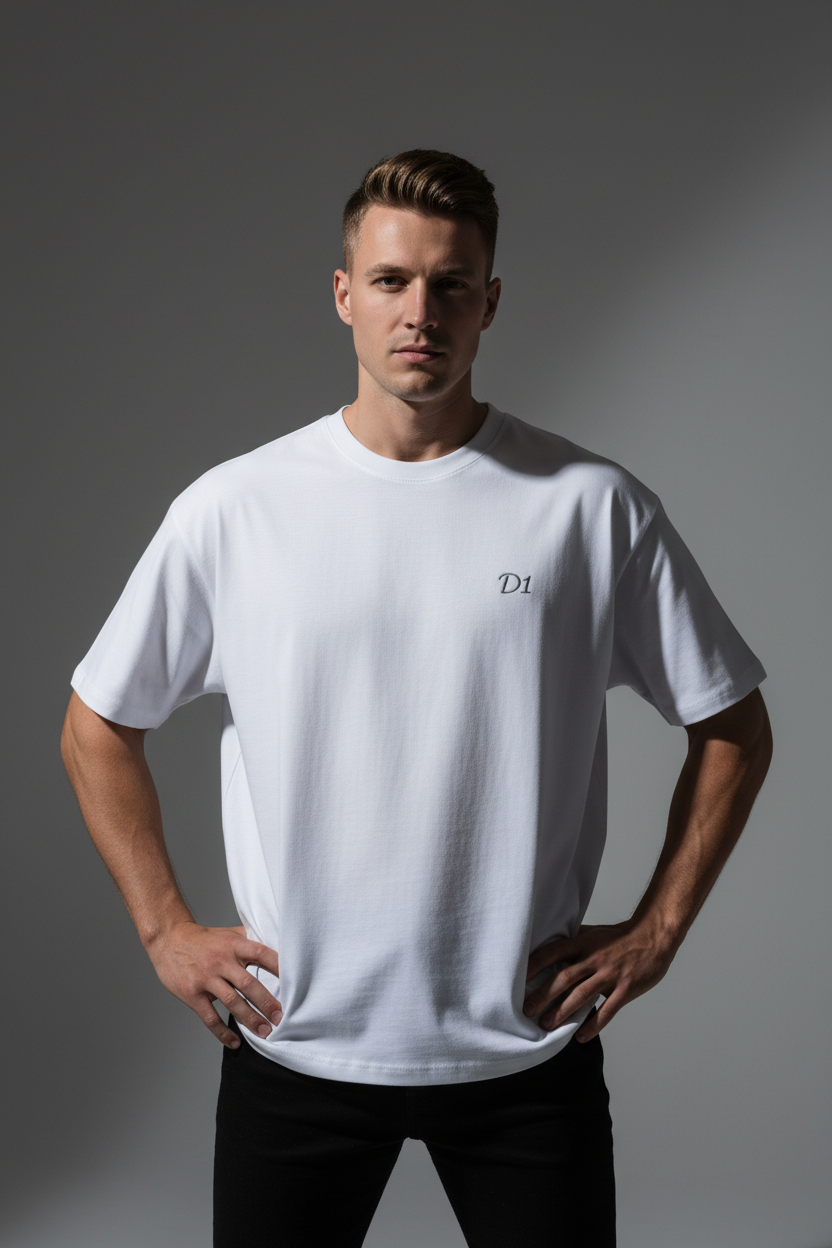 Modelo frontal camiseta blanca D1